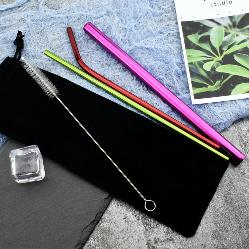 

5Pcs/set Reusable Drinking Straw Stainless Steel Eco-Friendly Straight/ Bend Set Metal Straw with Cleaner Brush Bar Accessories