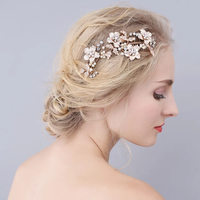 Gorgeous Golden Flower Leaf Rhinestones Pearls Wedding Hair Comb Bridal Headpieces
