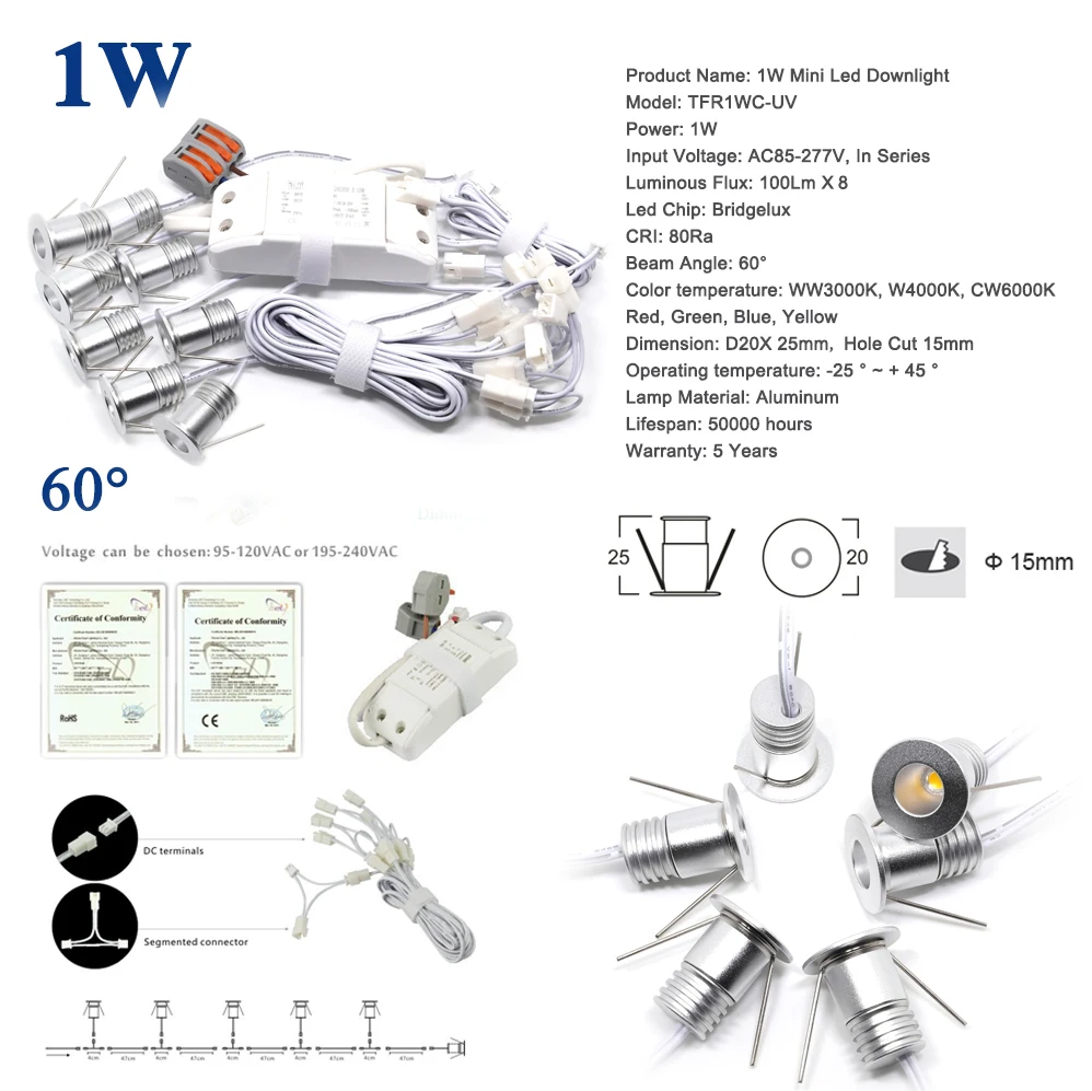 

8PCS/Set 1W Mini Led Bulb Light 15mm 80Ra Cabinet Stair Spotlight New Year House Mall Ceiling Spot Lighting 60/100 Beam Lamp