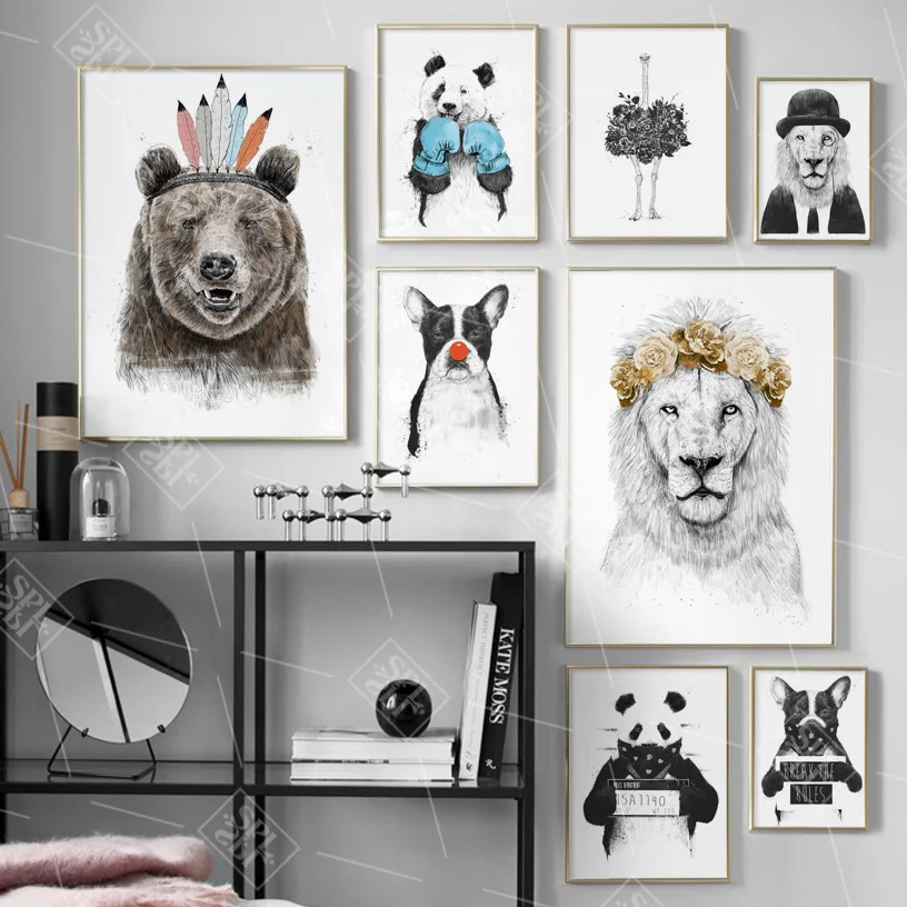 Французский бульдог, Лев, медведь, панда, Страус, настенная живопись на холсте, скандинавские плакаты и принты, животные, картины для декора гостиной