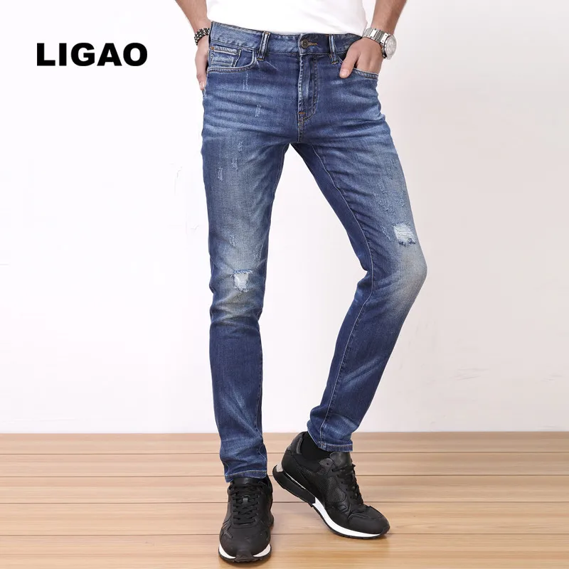 LIGAO Men s Jeans Casual Elastic Soft Slim Straight Pants font b Trousers b font Male
