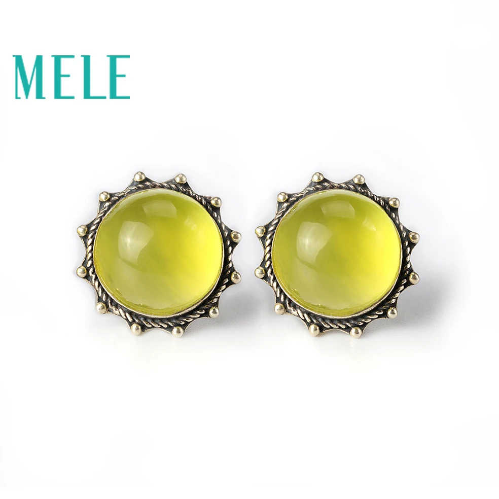 Natural prehnite 925 silver gemstone earrings for women,round flower shape, sun fashion and trendy