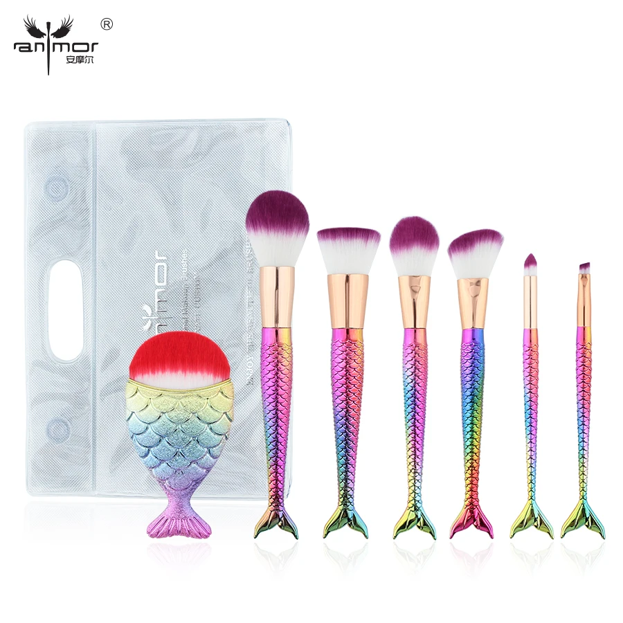 

Anmor Mermaid Makeup Brushes Sets Cosmetic Brushes Fish Make Up Brushes Nylon Foundation Powder Blush Eye Brush Kit With Bag