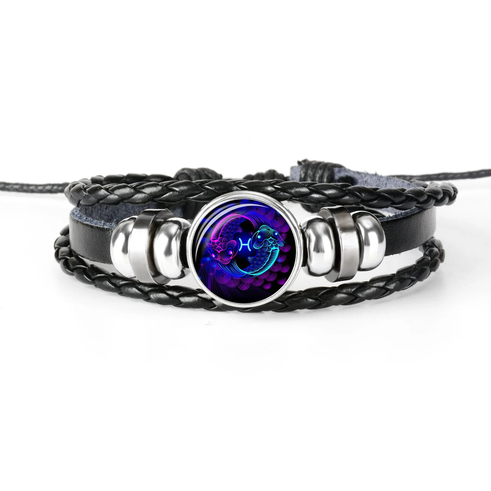 12 Constellation Zodiac Sign Black Braided Leather Bracelet Cancer Leo Virgo Libra Woven Glass Dome Jewelry Punk Men Bracelet - Окраска металла: XZS005-12