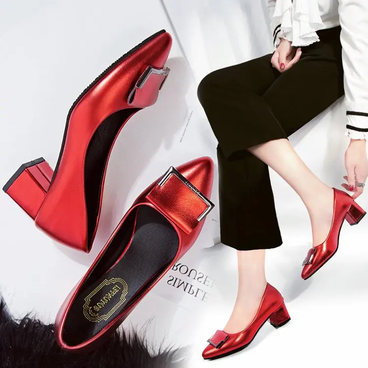 

2019 Women Pumps Fashion Med Red Women Slip-On Shoes Party Wedding Super Square High Heel Pointed Toe Ladies Pumps Size 34-40