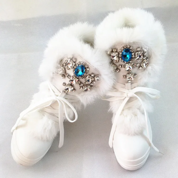 

2018 Hot Selling White Fur Decorations Warm Boots Woman Round Toe Lace-up Crystal Embellished Height Increasing Ankle Boots