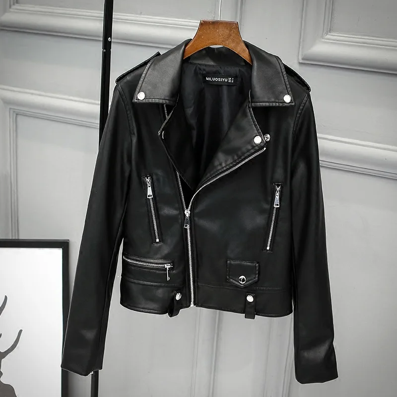 

New Fashion Motorbike Zipper Slim PU Coat Women Short Leather Jacket Handsome Leather Coat Outwear