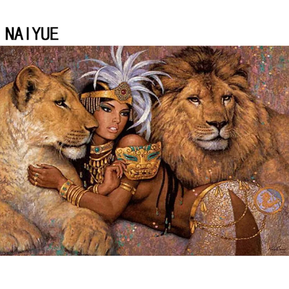 

NAI YUE Home DIY 5D Diamond painting cross stitch Girl and lion Round Diamond Embroidery Wall Sticker Mosaic Room 40*30cm