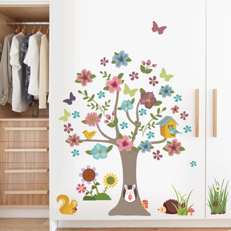

Animals Flowers Tree Wall Stickers Kids Room Decorations Adesivos De Parede Diy Home Decals Cartoon Safari Mural Art