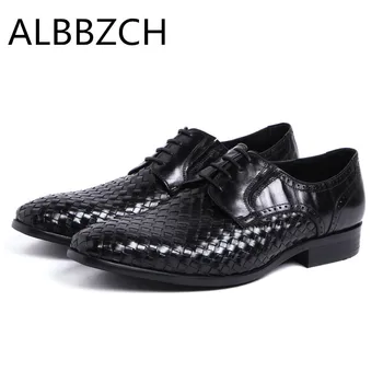 

New mens weave genuine leather wedding shoes men black business work dress shoes fashion pointe toe lace derby men shoes zapatos