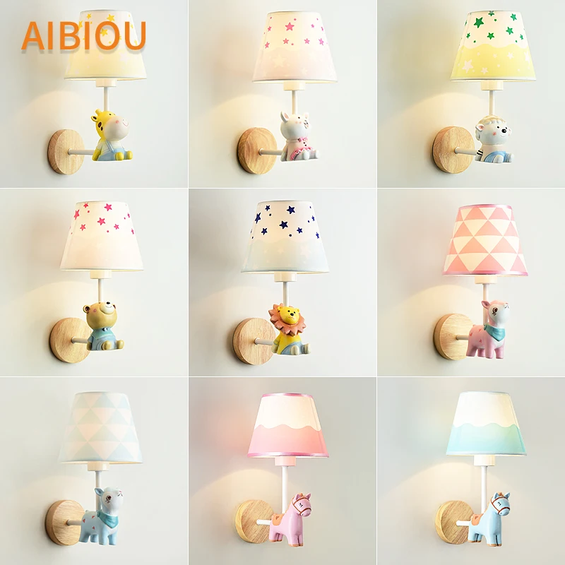 

AIBIOU Cartoon Led Wall Lights With Fabric Lampshade For Kids Bedroom Children Wall Sconce Boys Room Bedside Light Girls Lamps