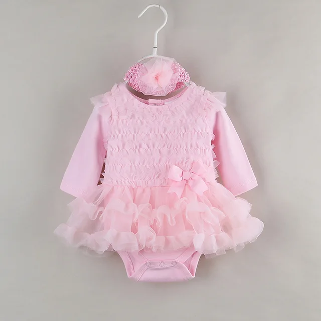 Spring Summer Baby Dress Long Sleeve Ruffles Lace Tutu Romper Dress Bebe Girl Infant Pink
