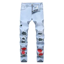 KIMSERE Для мужчин марка NEW FASHION Hi Street рваные джинсы брюки для девочек с цветочной вышивкой уличная рваные джинсы, джинсовые штаны с дырками Стрейчевые стройнящие