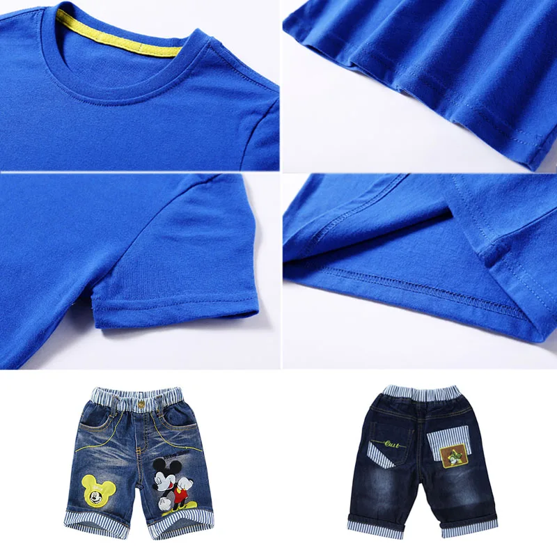 Одежда для мальчиков; летние шорты с Микки из мультфильма; костюм с джинсовыми штанами; детская одежда; коллекция года; футболка с короткими рукавами; джинсы; одежда с Микки Маусом