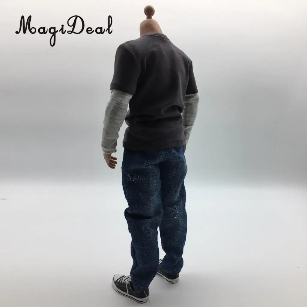 MagiDeal Cloth 1/6 Scale Mens Clothes Dark Gray Long T-shirt Denim Jeans Canvas Shoes Set for 12 Inch Male Action Figures Body