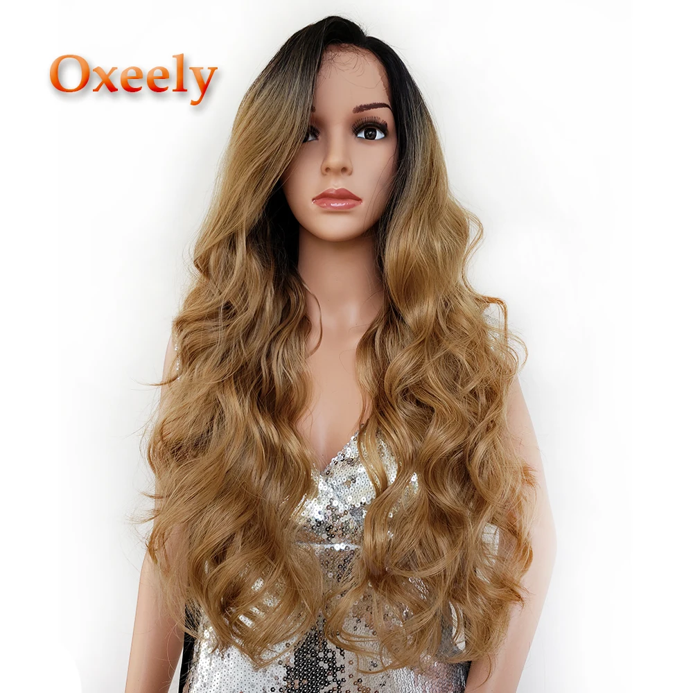 

Oxeely Blonde Ombre Hair Lace Front Wig Long Body Wave Glueless Wigs with Baby Hair Synthetic Lace Front Wigs for Black Women