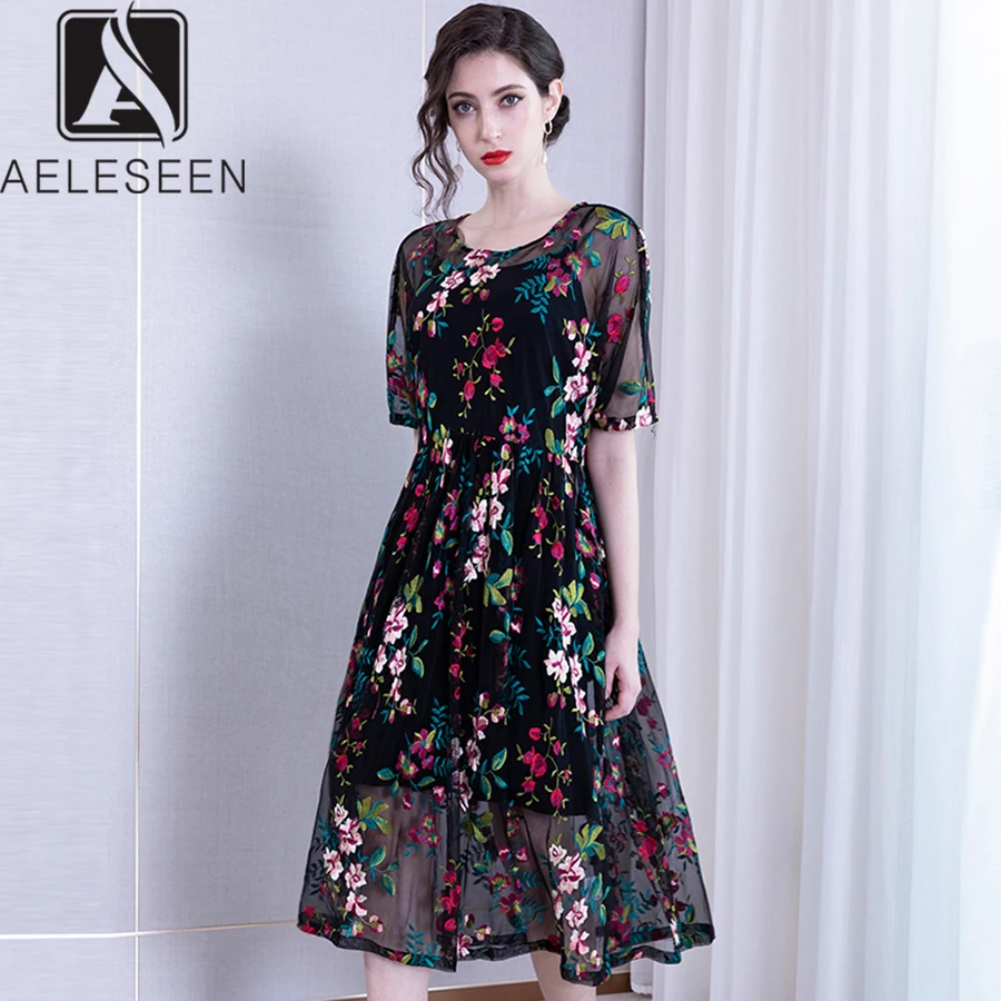 

AELESEEN Vintage Style 2019 Summer Runway Design Women Dresses Elegant Floral Embroidery Luxury European Party Mid-Calf Dress