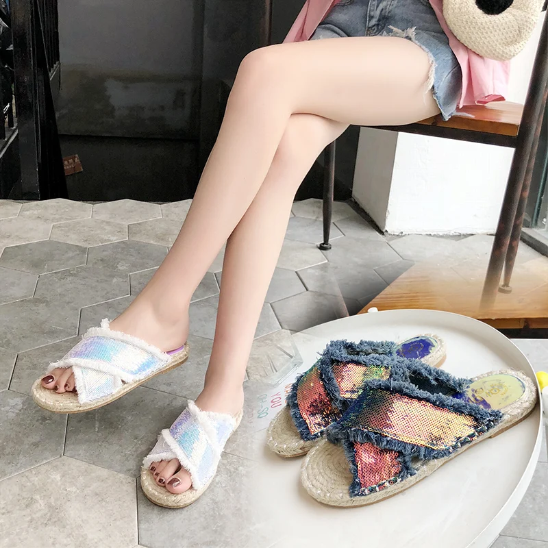 

Summer Sequins flats Beach Cork Slippers Sandals 35-39 Casual Double Clogs Women Non-slip Flip Flops Flats Shiny Shoes