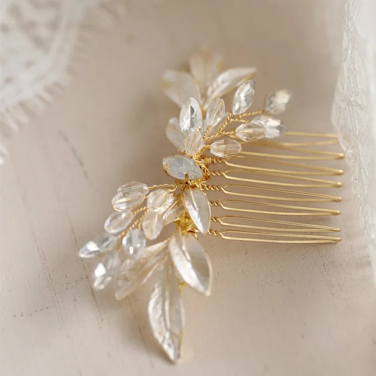 Jonnafe золотой гребень для волос в виде листьев шпильки Кристалл Свадебный головной убор винтажные свадебные аксессуары для волос ручной работы