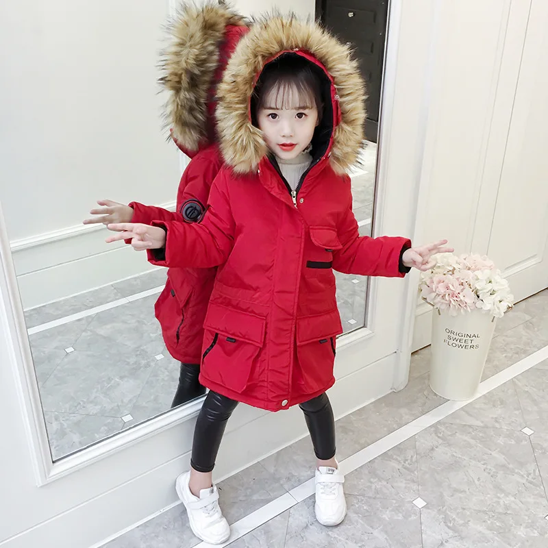

2019 Kids Girls Winter Jackets Thick Children Coats Warm Fur Collar Parka Hooded Long Cotton Baby Girl Clothes Girls Solid Coat