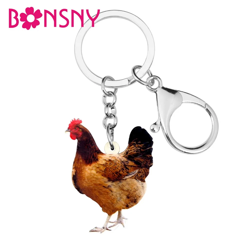 

Bonsny Acrylic Chicken Hen Key Chain Keychain Ring Unique Farm Animal Jewelry For Women Girls Bag Car Charms Pendant Gift Bijoux