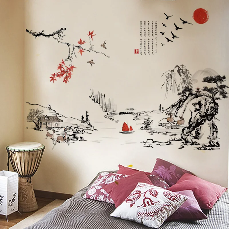 Китайский стиль, живопись чернилами, пейзаж, художественные наклейки на стену, гостиная, спальня, фон для украшения дома, настенные наклейки, обои