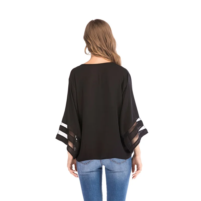 Womens Shirt Tee V Neck 3//4 Bell Sleeve Blouse and Tops Shirts with Mesh Patchwork