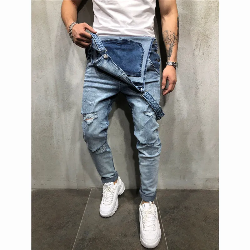 MORUANCLE Модные мужские потертые джинсовые комбинезоны с нагрудником Hi Street рваные джинсы комбинезоны для мужчин хип-хоп штаны на подтяжках с дырками
