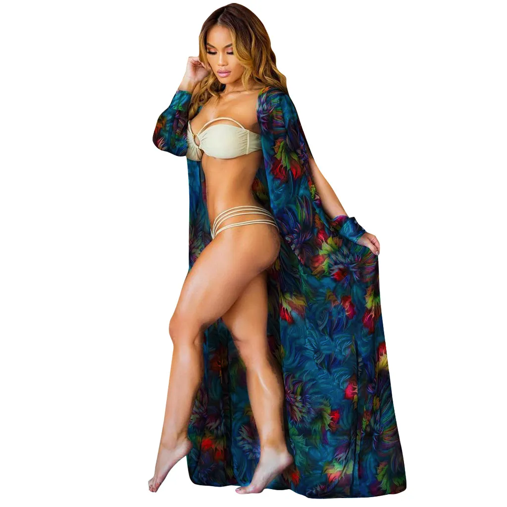 

2019 New Instyle Womens Summer Casual Bohemia Print Long Cover Up Beach Swimwear Kafta Cardigan Traje da menina do encanto