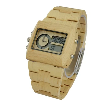 

2018 Fashion Design Hot Selling Men's Wooden Watch Wood Quartz Luxury Brand Analog Date LED Display Wooden Wristwatch Men