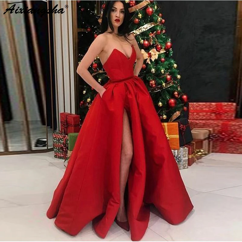 

Dark Red robe de soiree 2019 Long Prom Gown with Pockets Sweetheart Ball Gown V Neck High Split Satin Evening Party Formal Dress