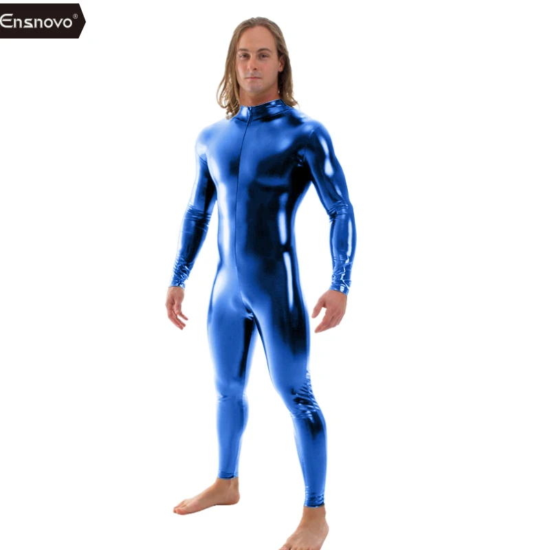 Royal Blue Ensnovo мужской латексный костюм черный блестящий металлик колготки золото Zentai костюм полный тело Unitard пользовательские кожи боди молния спереди - Цвет: Royal Blue
