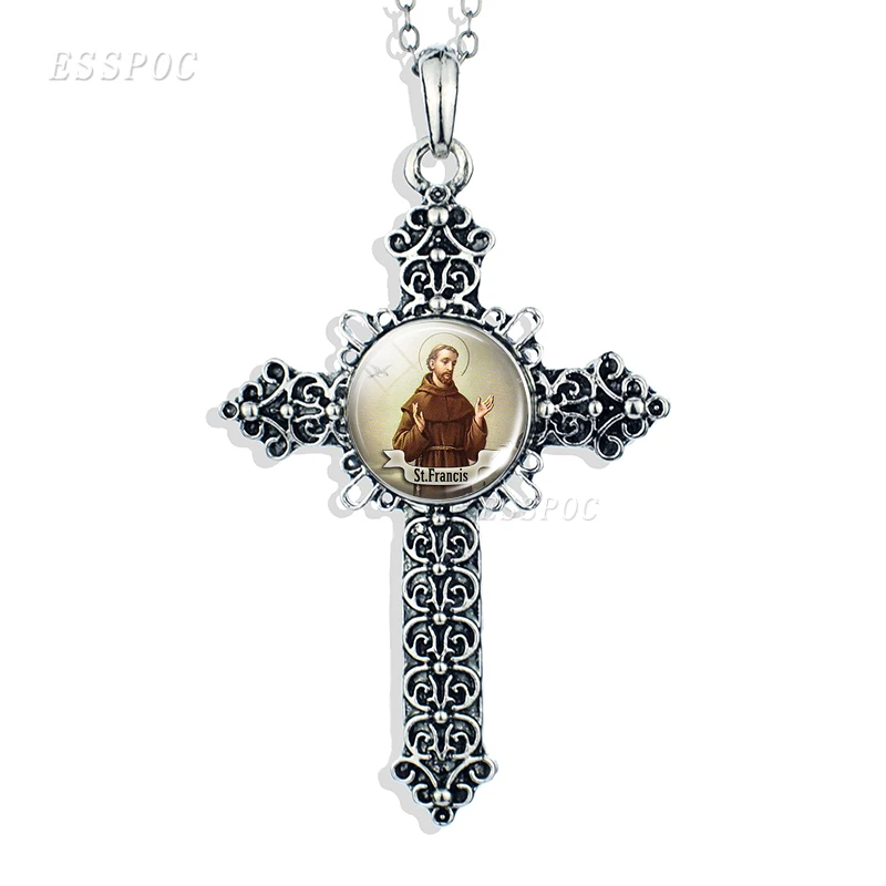 ST JUDE, ожерелье с крестом, богородица Дева Марии, стеклянный кабошон, кулон из нержавеющей стали, цепочка, ожерелье, христианские католические украшения