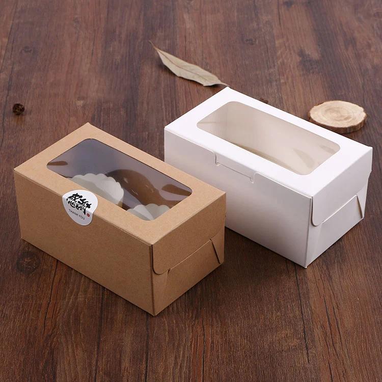 

5pcs cupcake paper packaging 2 Cup Cake Holders White Brown kraft paper cake box window Gift Packaging Wedding home party