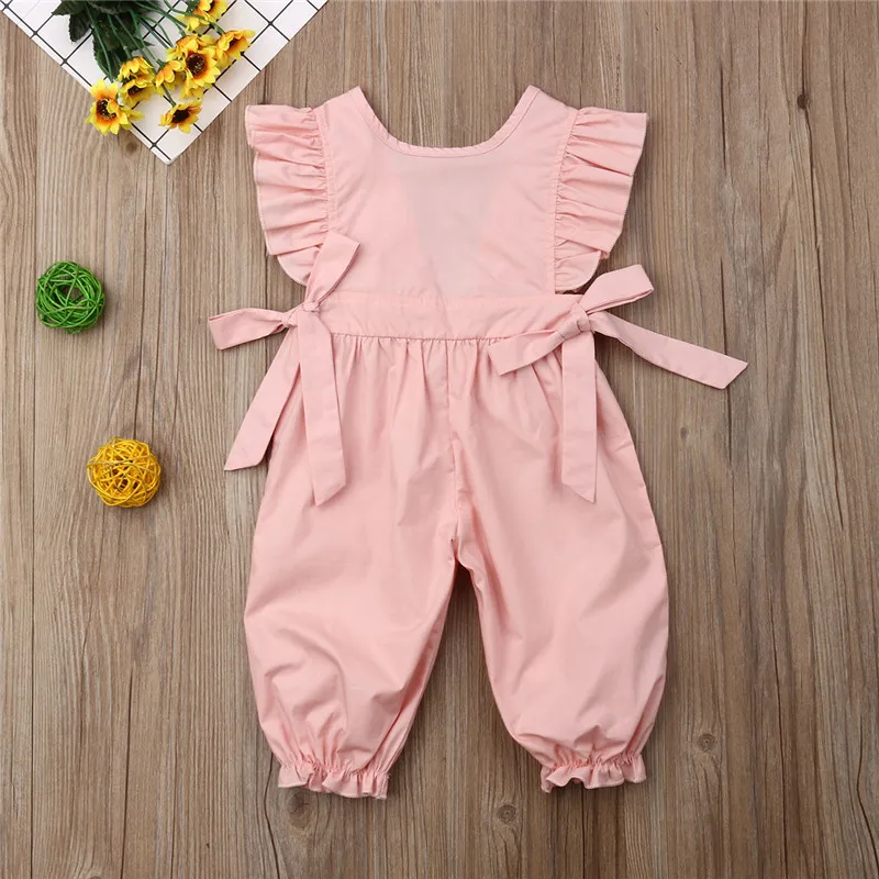 Summer Ruffle Sleeveless O-Neck Solid Pink Cotton Bow Outfits Clothes Costume Clothing Newborn Infant Kid Baby Girls Romper | Детская