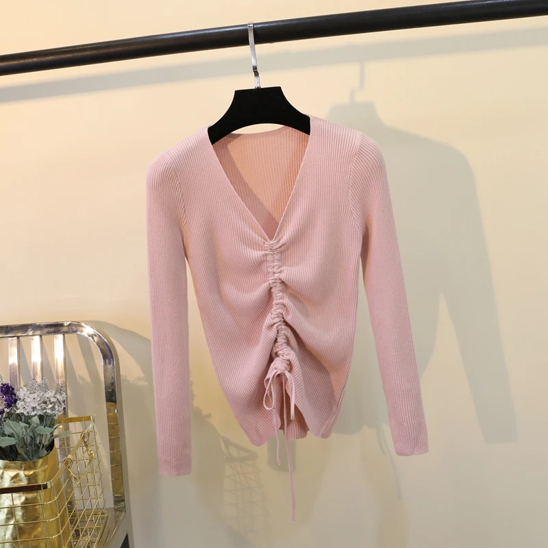 Casual Lace Up Knitted Sweater Women Skinny Slim Knitting Pull Femme Jumper Crop Top Winter Sweater Tricot Pullover Candy Colors (16)