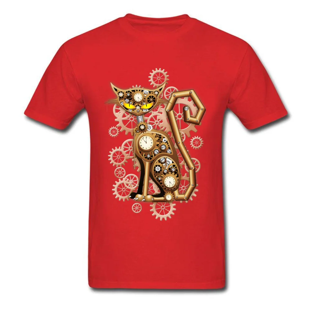 Family Steampunk Cat Vintage Copper Toy Tops T Shirt for Men Oversized Mother Day Round Neck Cotton Fabric T Shirts Tee-Shirts Steampunk Cat Vintage Copper Toy red