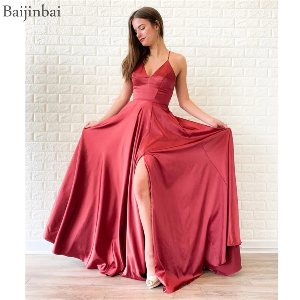 

Baijinbai Charming Spaghetti Strap Evening Dresses Long 2019 A Line Satin Evening Gowns Custom Made Party Dress Formal Dresses
