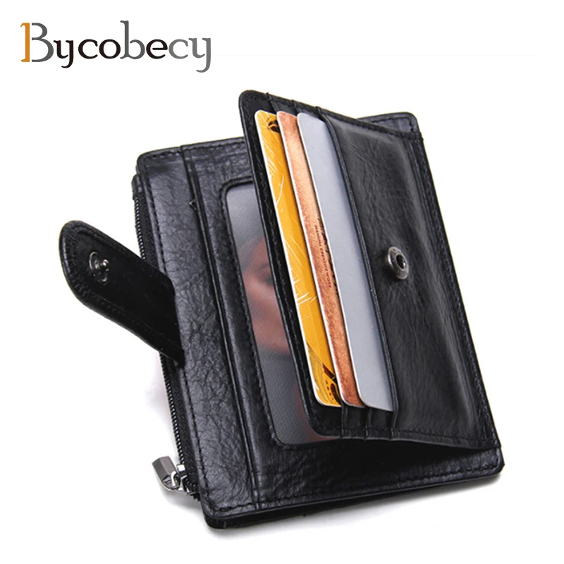 

BYCOBECY Slim Genuine Leather Men Wallet Vintage Short Small Coin Purse Zipper Cowhide Credit Card Holder