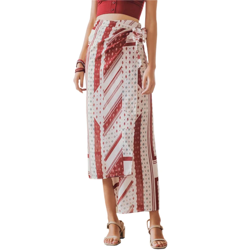 Indie Folk Print Chiffon Long Skirt Vintage Summer WomenSkirts Vacation Beach Asymmetric Hem