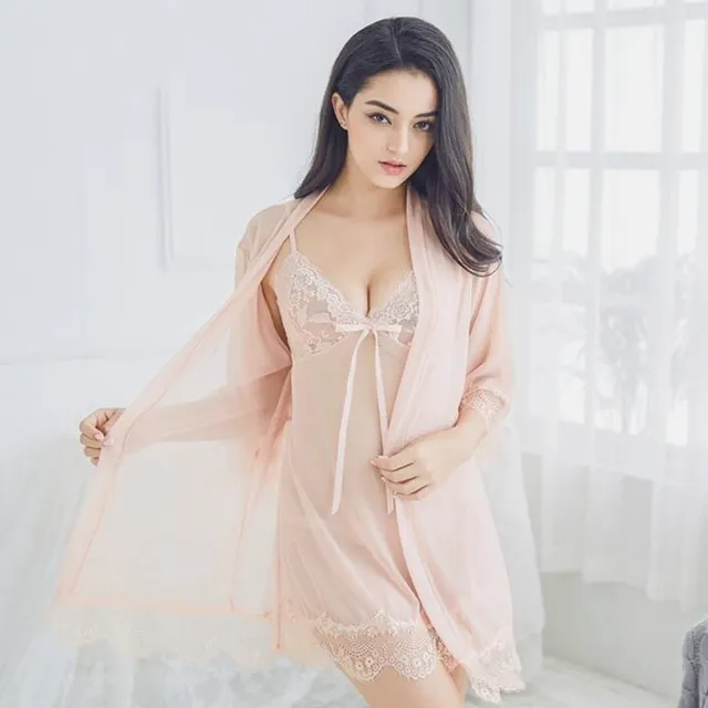 Women Robe Sexy Deep V Neck Lace Robe Ultra-thin Net Yarn Sleepwear Women Pyjama 3 Pieces Set Transparent Short Robe Set