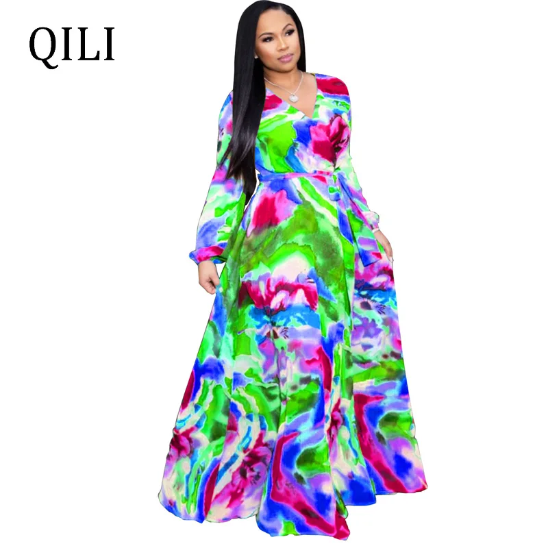 

QILI Plus Size Dress For Women Boho Chiffon Print Long Sleeve Loose Dresses With Belted Long Maxi Dress Elegant Lady Casual Wear