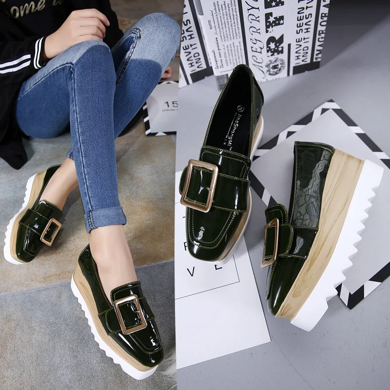 Femme Marque De Automne Cuir blue Noir Femmes Baskets Mode Creepers Slip Green brown En on À Boucle Oxford Plateforme Hiver Chaussures w1g0EqnF