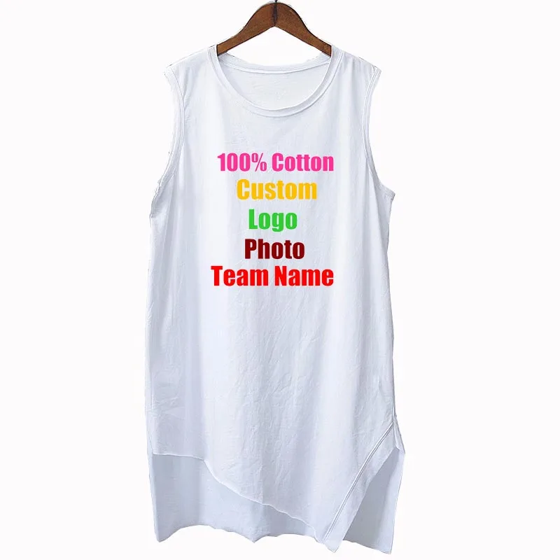 

Cotton Custom Logo Photo Text Printed Summer Women Long Tanks Top Sleeveless T shirt Solid Irregular Cut Hip Hop Female Tee 2018