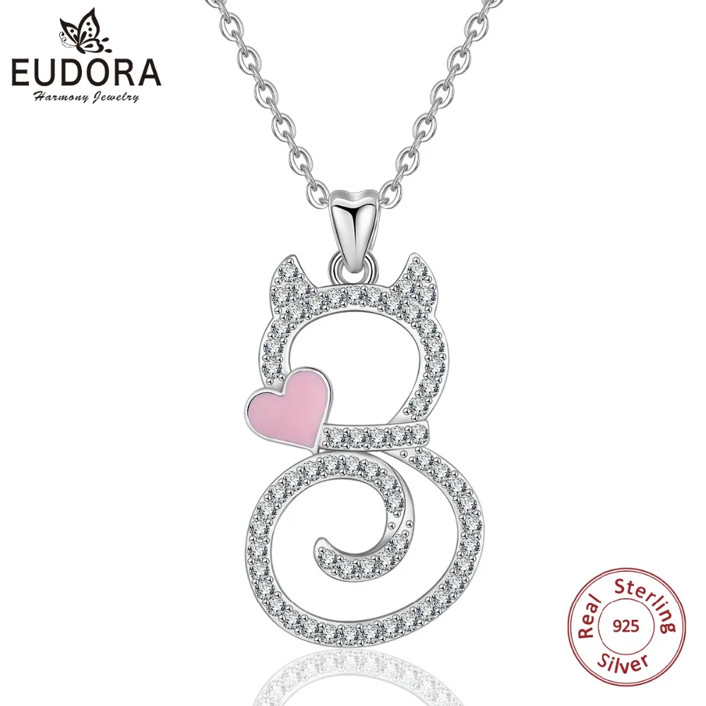 

EUDORA NEW 925 Sterling Silver Lovely Cat, Mixed Enamel Heart Clear CZ Necklaces & Pendants Exquisite Women Luxury Jewelry D305