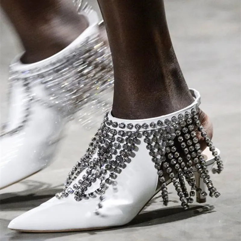 

2018 Spring Wedding Shoes Runway Crystal Embellished Fringe High Heels Summer Women Sandals Cut Out Pointed Toe Pumps