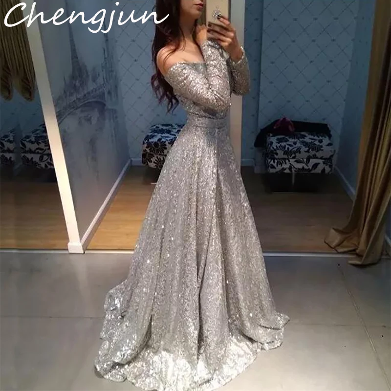 Кружевное Вечернее Платье Chengjun а силуэта с длинным рукавом|Вечерние платья| |
