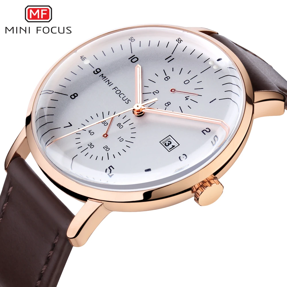 MINIFOCUS Top Brand Luxury Mens Watches Big Dial Rose Gold Fashion Quart Wristwatch Calendar Waterproof Chronograph