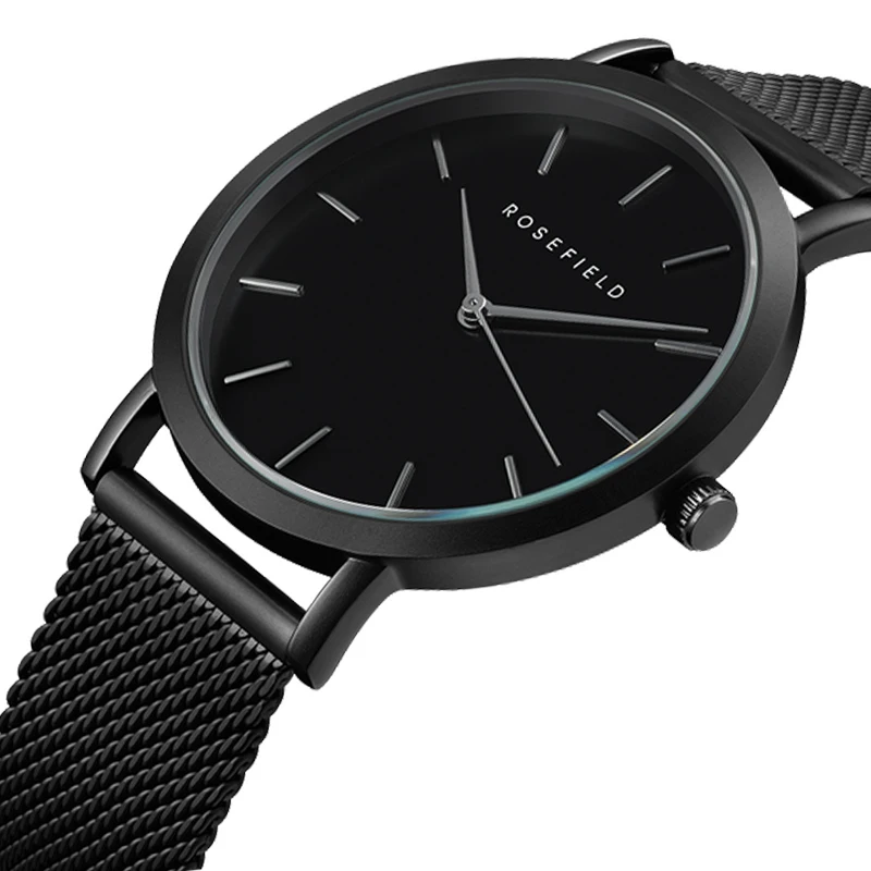 

2019 New Luxury Brand ROSEFIELD Modern Fashion Black Quartz Watch Men Women Mesh Stainless Waterproof Watch Male Clock