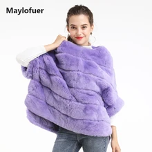 Maylofuer настоящий мех кролика пальто модные рукава летучая мышь пальто с О-образным вырезом полосы узор разноцветные